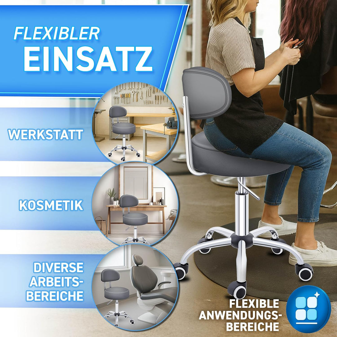TRESKO® Rollhocker mit Lehne Grau | Arbeitshocker höhenverstellbar 46-58 cm | Drehhocker mit Rollen
