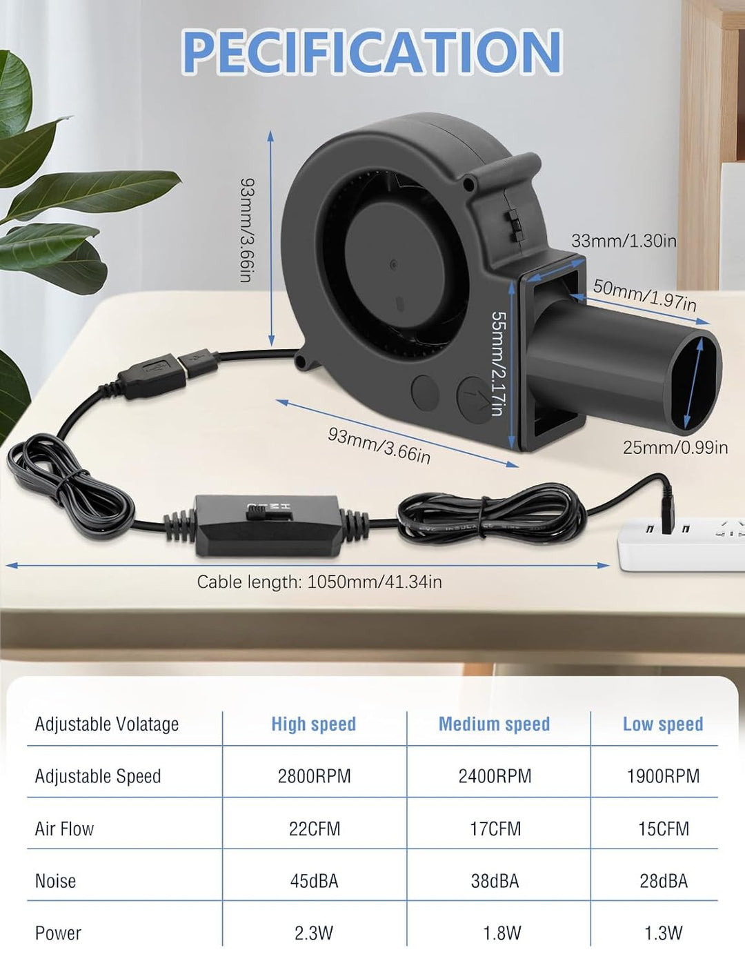 Wathai 97mm x 33mm USB Radiallüfter Gebläse mit Drehzahlregler Regelbarer Turbinen Lüfter, Rohr für