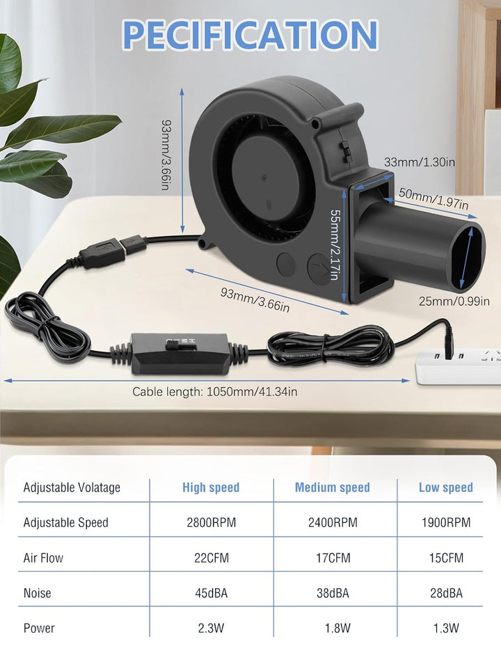 Wathai 97mm x 33mm USB Radiallüfter Gebläse mit Drehzahlregler Regelbarer Turbinen Lüfter, Rohr für