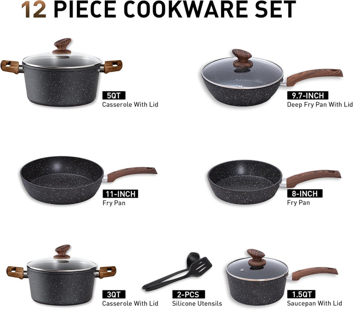 Kitchen Academy Topfset 12tlg Antihaft-Versiegelung Kochgeschirr Set Topf und Pfannenset mit Deckel,