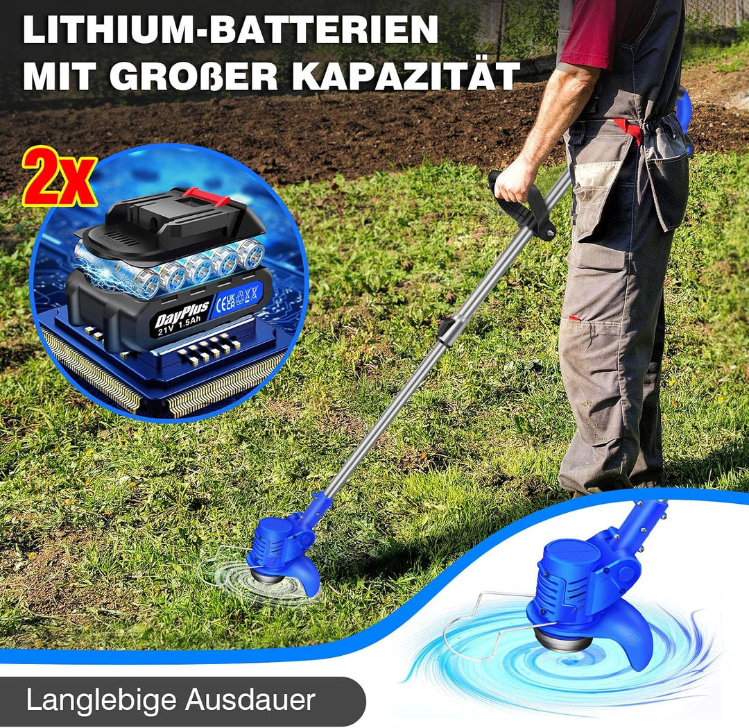 21V Akku Rasentrimmer, elektrischer Akku Bürstenschneider mit 2x1500mAh Batterie, Rasentrimmer elekt