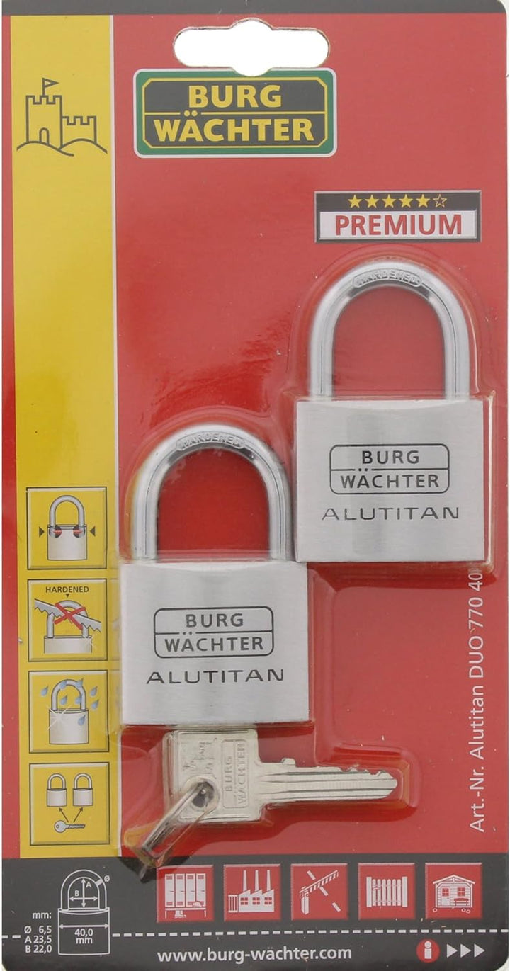 Burg-Wächter Vorhangschloss, Vorhängeschloss mit Schlüssel, Duo Set, 6,5 mm Bügelstärke, massives Al