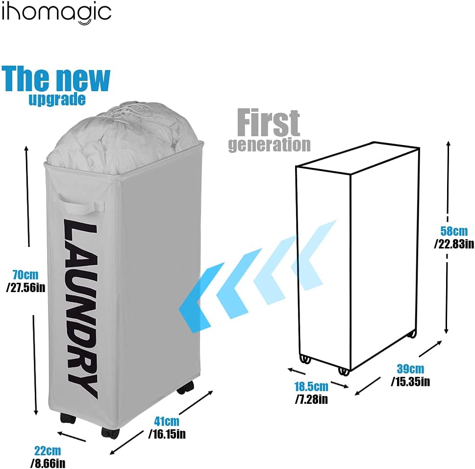 IHOMAGIC 62L Schmale Wäschesack mit Rollen - Hoher Wäschekorb mit Abnehmbaren Wäschesäcken, Grossen