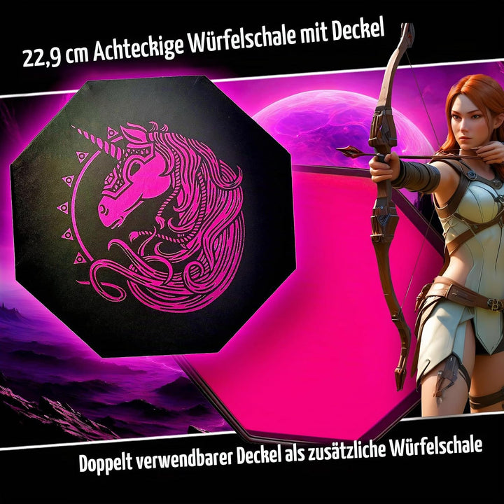 Fantasydice- PINK - War Unicron- Dice Storage and Rolling Tray - 20CM Octagon with Lid and Dice Stag