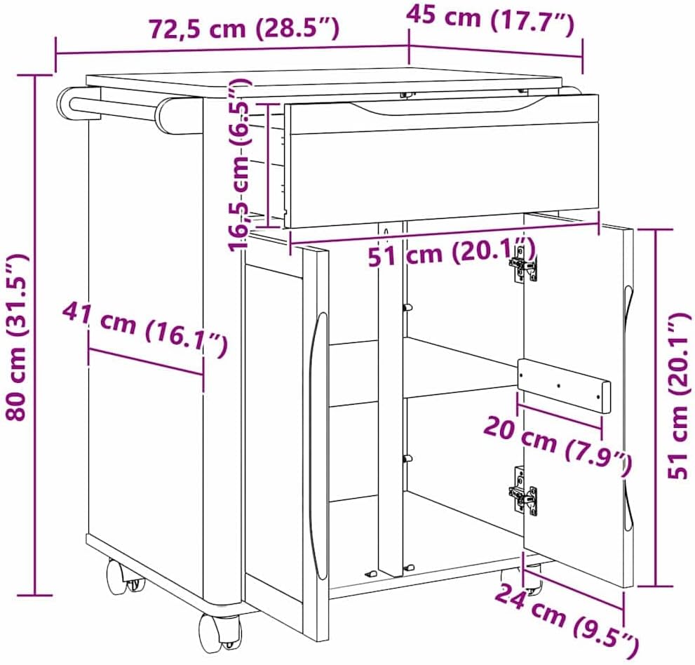 vidaXL Küchentrolley Floro Weiss 72,5 x 45 x 80 cm Massivholz Kiefer, Moderner Trolley, platzsparend