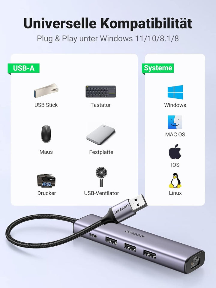 UGREEN USB Hub Ethernet Adapter Gigabit LAN Adapter mit 3 USB 3.0 Ports 1000 Mbps USB Netzwerkadapte