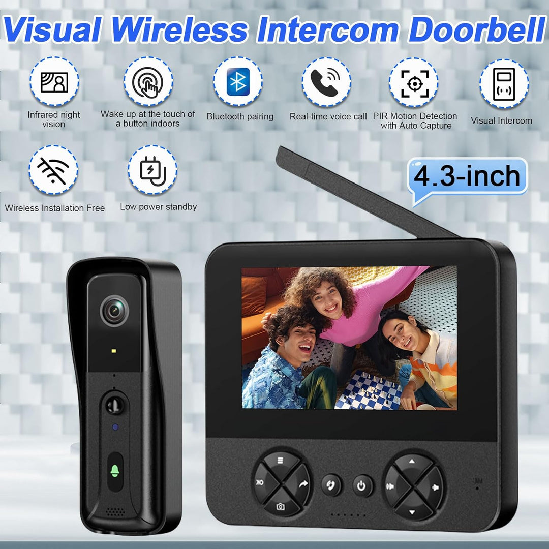 Kabellose Türklingel Kamera mit Monitor,Türklingel-Videokamera 4,3 Zoll Drahtlose Video Türklingel,1