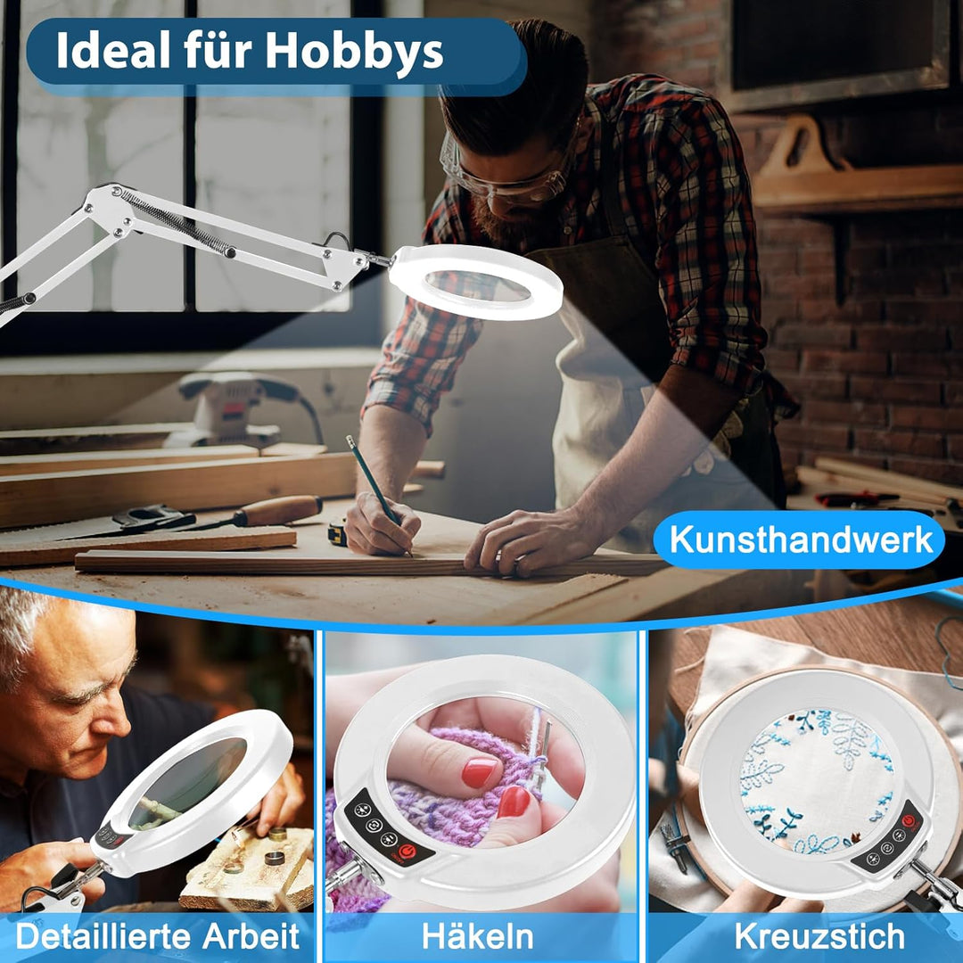 10X Lupe mit Licht und Klemme, LED Lupenlampe mit Glaslinse, 5 Farbmodi Stufenlosem Dimmen, Lupe mit