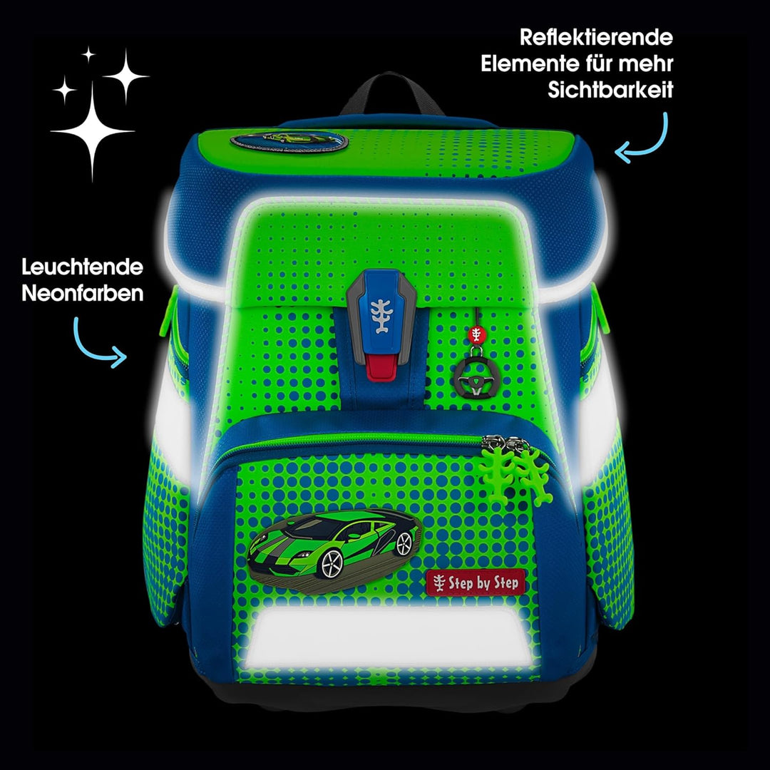 Step by Step Schulranzen-Set Space NEON Race Car Chuck, 5-teilig, grün, ergonomischer Tornister mit
