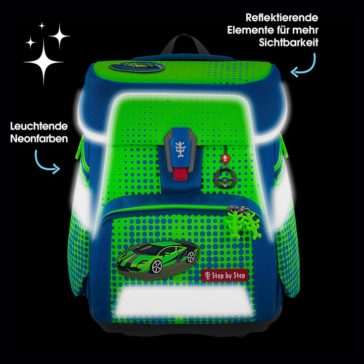 Step by Step Schulranzen-Set Space NEON Race Car Chuck, 5-teilig, grün, ergonomischer Tornister mit