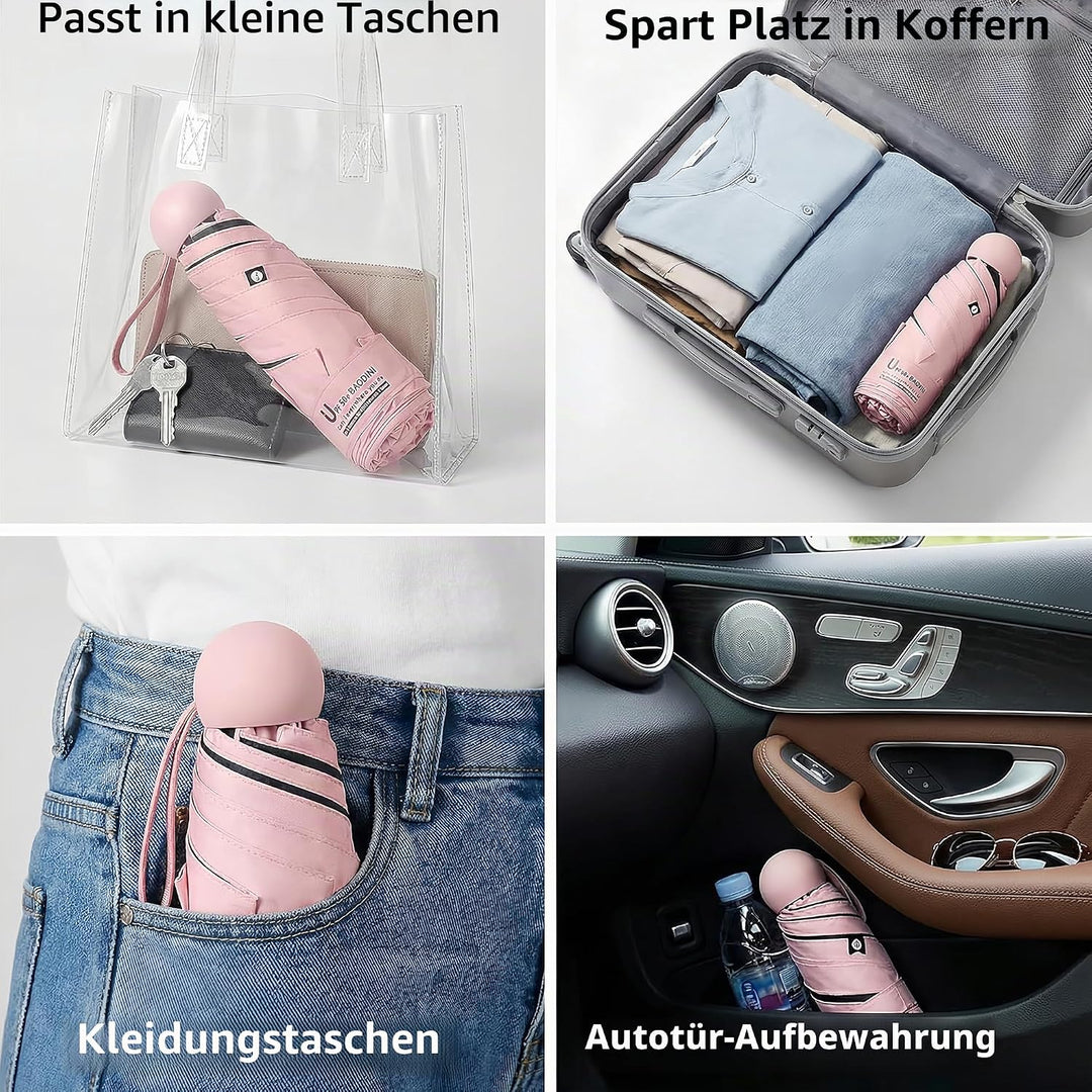 BAODINI Reise-Mini-Regenschirm für Geldbörse mit Etui – kleiner kompakter UV-Regenschirm, Sonnenschu