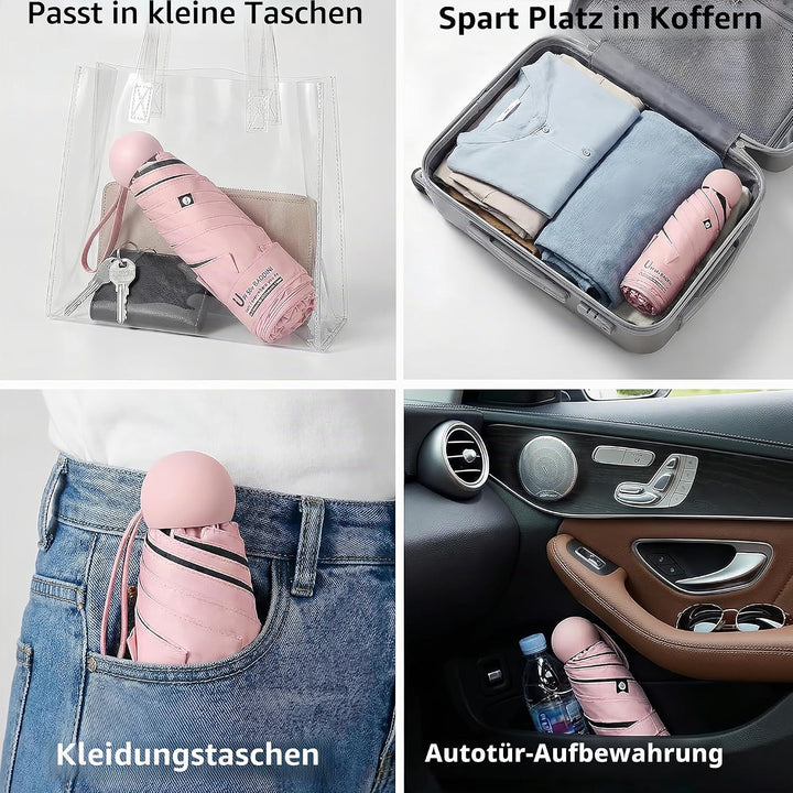 BAODINI Reise-Mini-Regenschirm für Geldbörse mit Etui – kleiner kompakter UV-Regenschirm, Sonnenschu