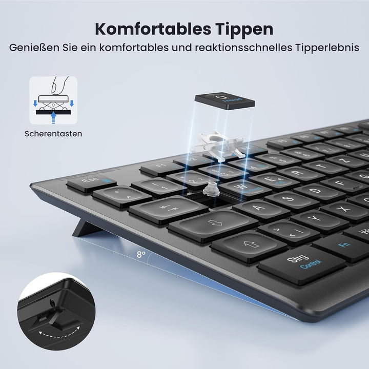 TECKNET Tastatur Maus Set Kabellos, 2.4G Wiederaufladbare Maus und Tastatur | Fullsize Deutsch QWERT