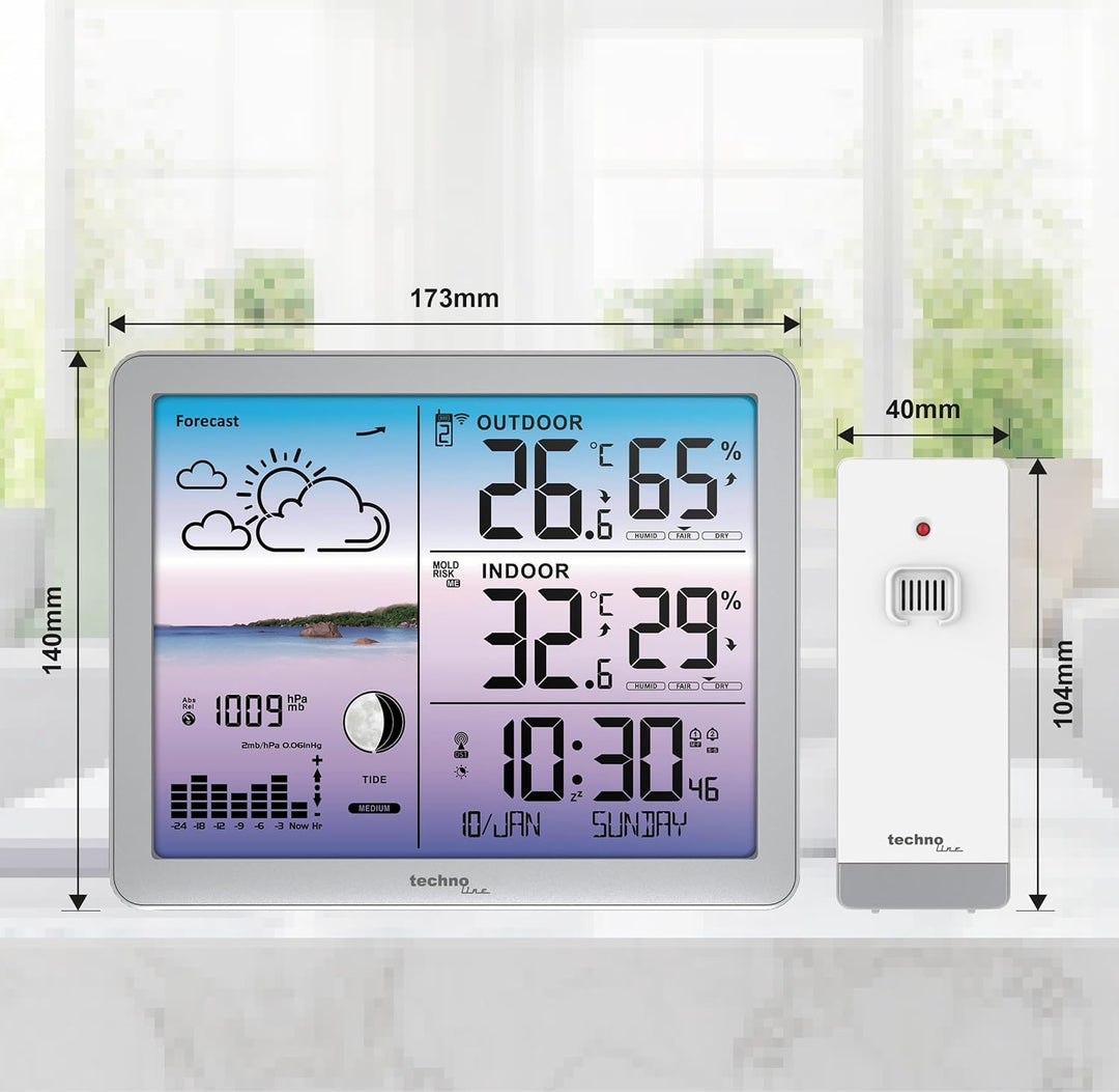 Technoline WS6520 Wetterstation mit farbiger Anzeige, Funkuhr, Temperaturanzeige, Schimmelwarnung, T