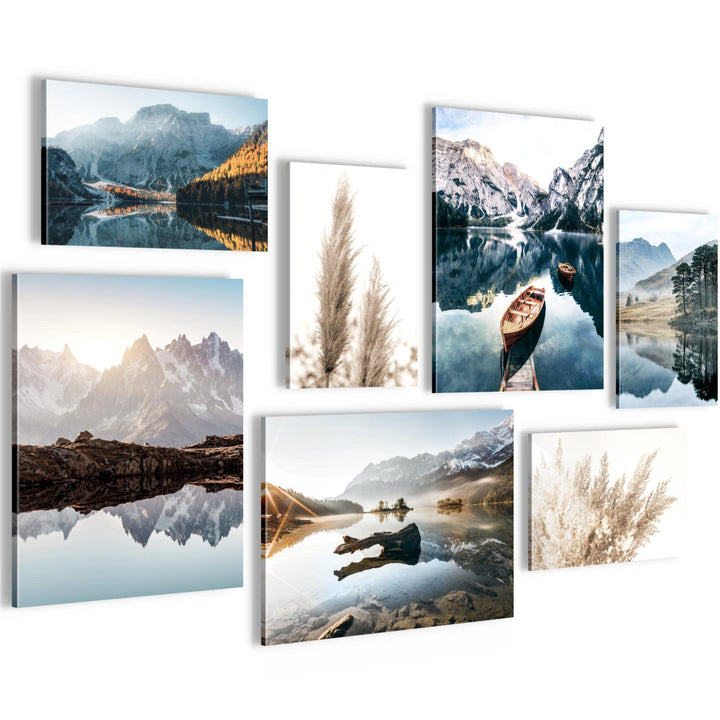 Novart Wandbilder See Berge blau - KOMPLETT AUFHÄNGFERTIG - Natur Wohnzimmer Schlafzimmer- 7 Moderne