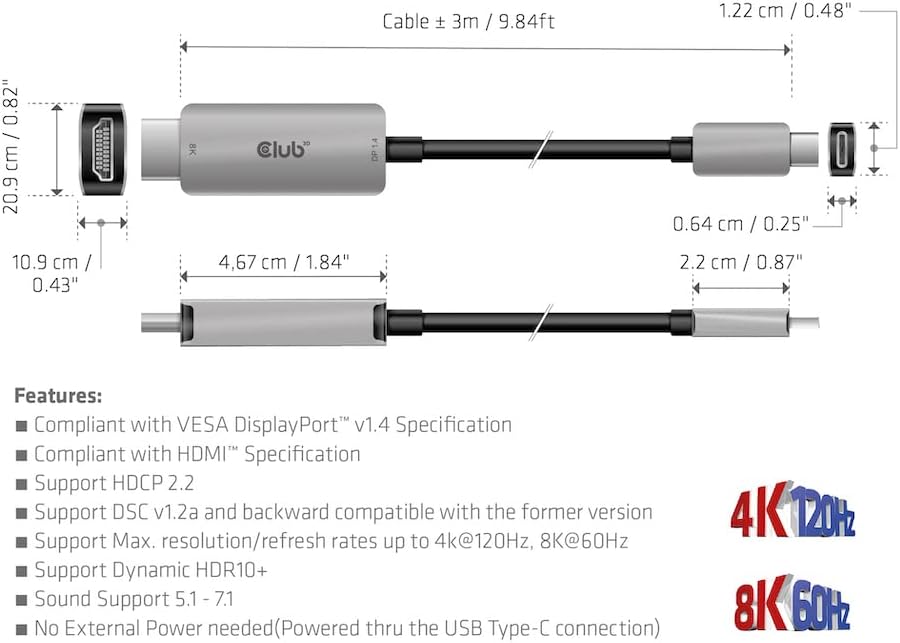 Club3D USB Gen2 Type-C auf HDMI™ 4K120Hz/8K60Hz HDR10, DSC1.2 Aktives Kabel St./St. 3m CAC-1587, CAC