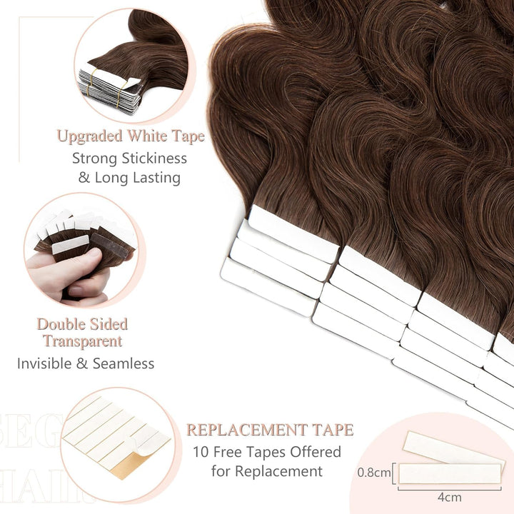 SEGO Tape Extensions Echthaar GEWELLT 14zoll/35cm 20 Stück Klebeband Haarverlängerung 100% Remy Haar