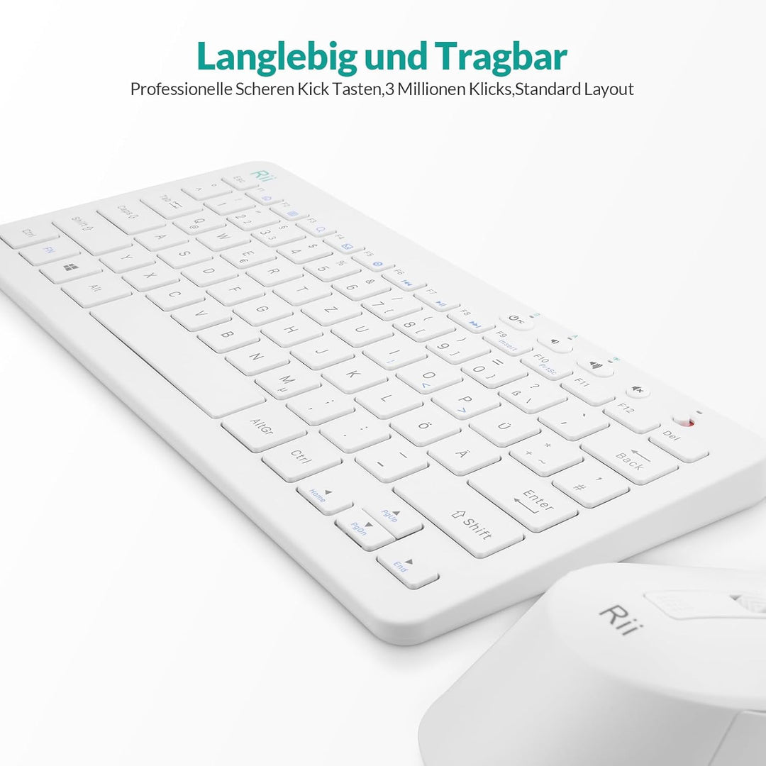 Rii Tastatur Maus Set Kabellos, 2.4G Kabellose Kompakte Tastatur mit Funkmaus für Laptop, PC und Sma