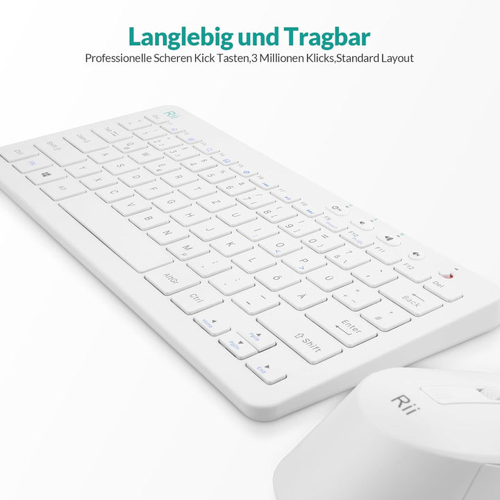 Rii Tastatur Maus Set Kabellos, 2.4G Kabellose Kompakte Tastatur mit Funkmaus für Laptop, PC und Sma