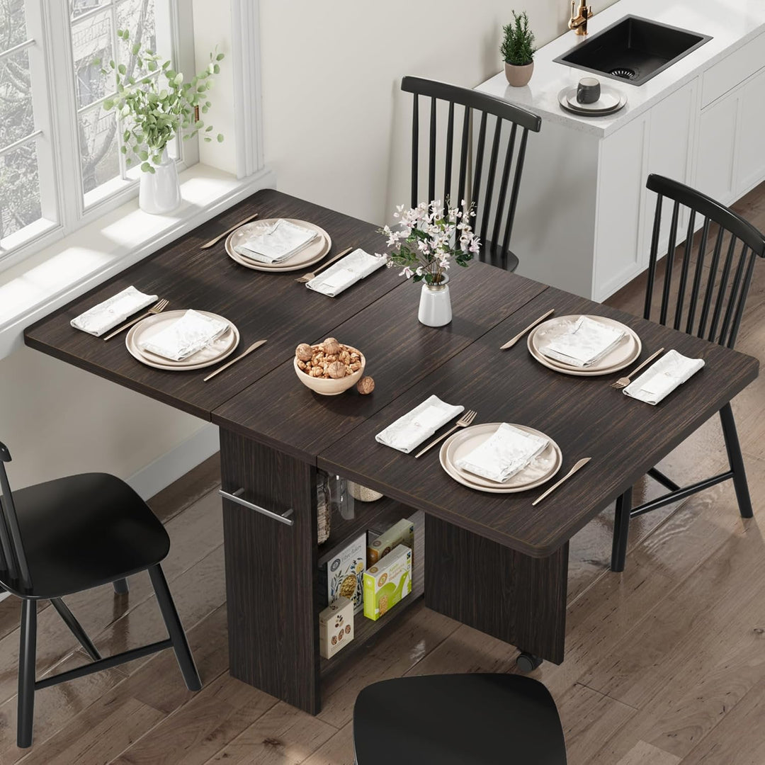 Platzsparender Klappbarer Esstisch – Ausklappbare Tischplatte, 2-Stufiger Stauraum & Rollen – Erweit