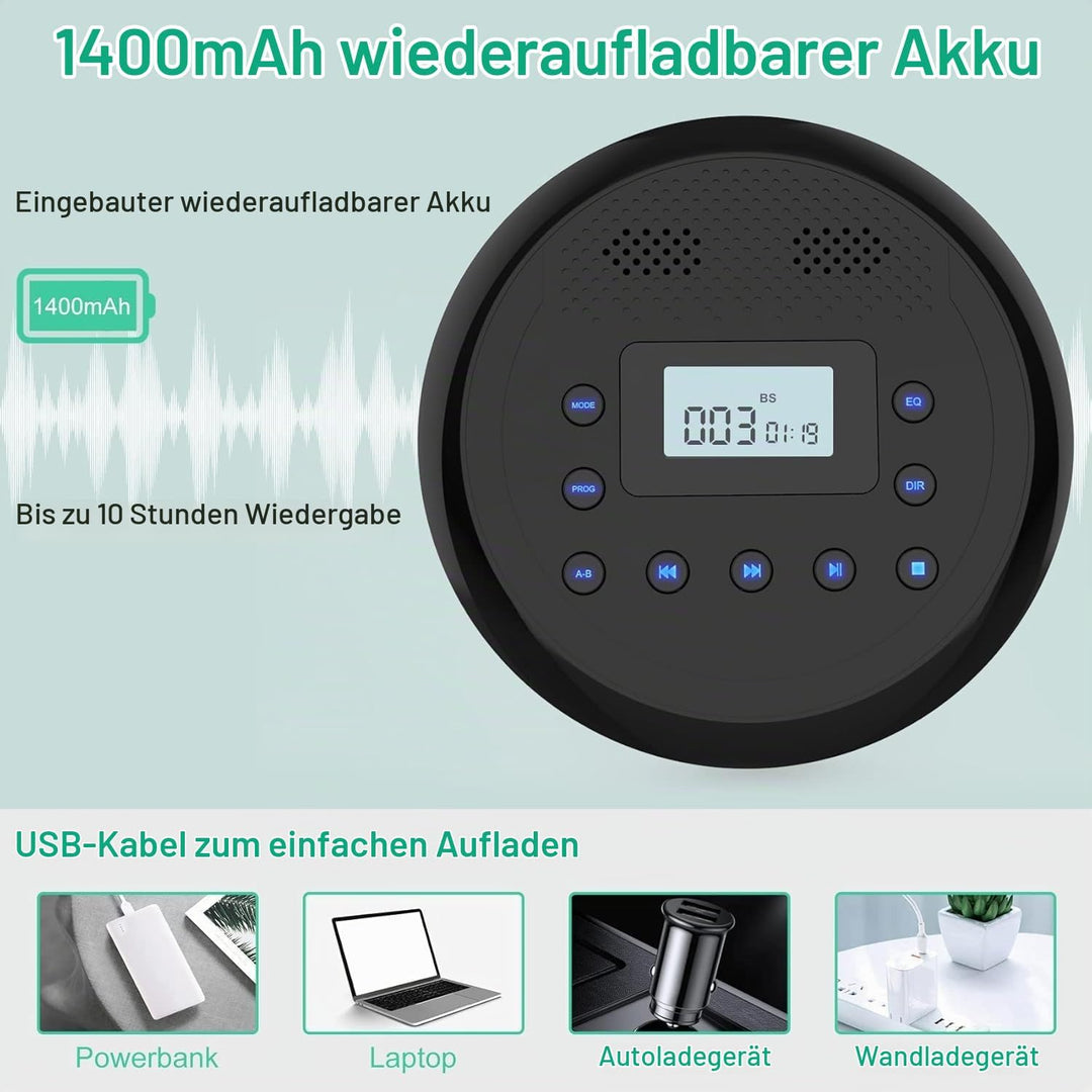 Tragbarer CD Player mit Lautsprecher, Wiederaufladbar Discman für Auto, Anti-Skip CD-Player klein fü