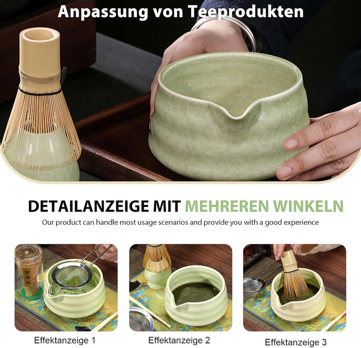Japanische Matcha-Schale aus Keramik mit Ausgiesser, Ständer für Schneebesen und traditionellen Chaw