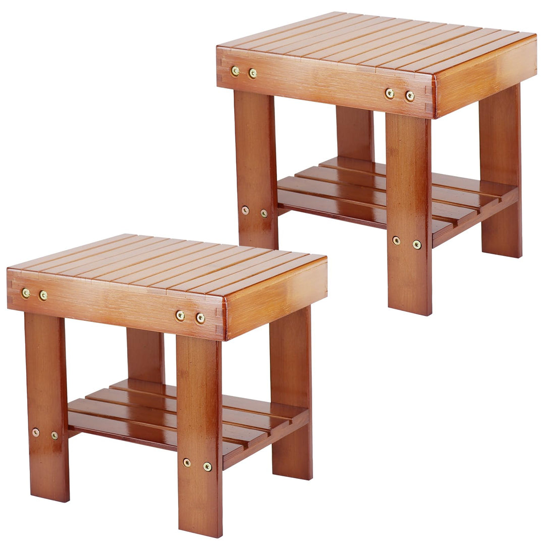 2er Set Bambus Duschhocker, Kleiner Badezimmer Hocker aus Holz mit Ablage, 28 x 23 x 26 cm Natur Bam