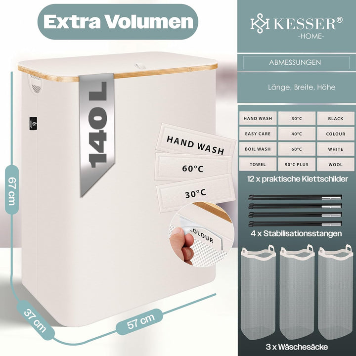 KESSER® Wäschekorb mit Deckel 2 Fächer faltbar 140 Liter Wäschebox Wäschetruhe Wäschekorb Wäschetonn