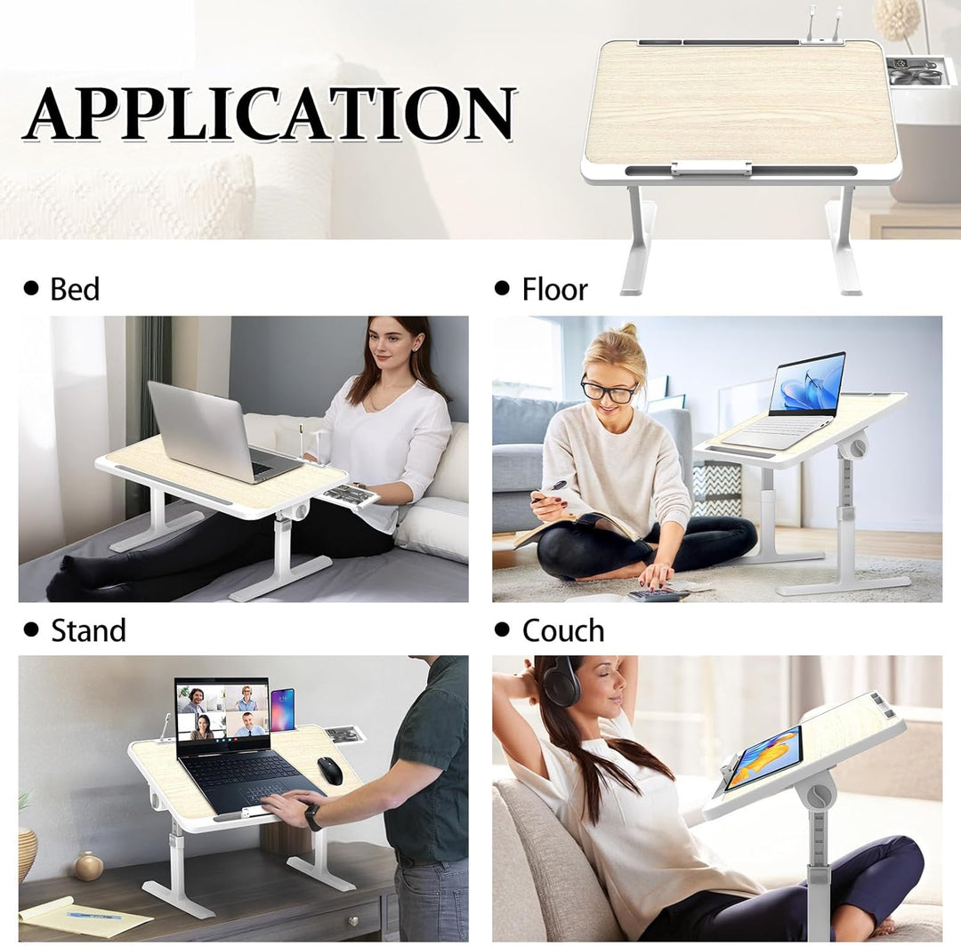 WoRaum Klappbarer Laptoptisch mit Schublade, LED & Ventilator – Höhenverstellbarer Schreibtisch für