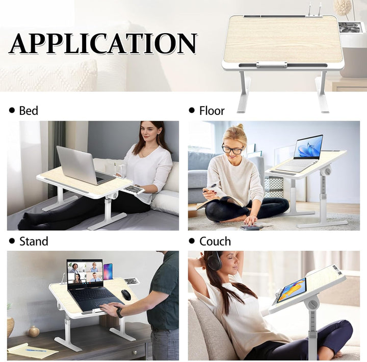 WoRaum Klappbarer Laptoptisch mit Schublade, LED & Ventilator – Höhenverstellbarer Schreibtisch für