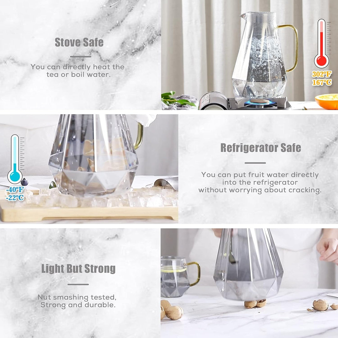 DUJUST Glaskaraffe mit Deckel 2 Liter, mit 4 Tassen, 1 Tablett, Wasserkrug im Modernen Schwarz Diama