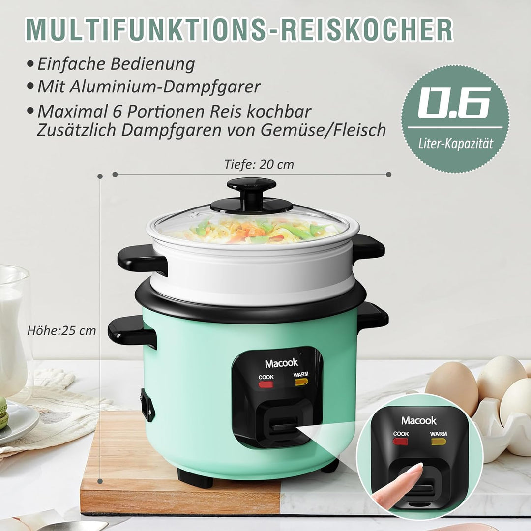 0.6 L Mini-Reiskocher 3-Tassen ungekocht, Macook Tragbarer Antihaft-Reis-Kocher, mit Aluminium-Dampf