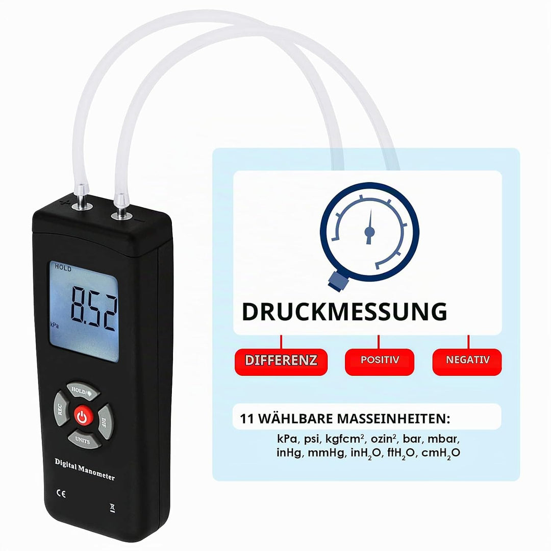 Professionelles Digitalmanometer, Tragbares Handluftvakuum- / Gasdruckmessgerät 11 Einheiten mit Hin