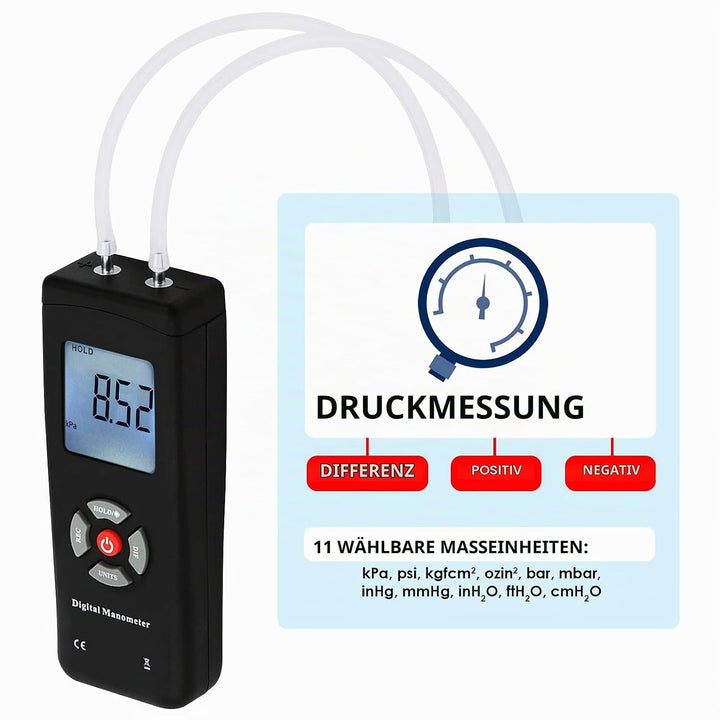 Professionelles Digitalmanometer, Tragbares Handluftvakuum- / Gasdruckmessgerät 11 Einheiten mit Hin