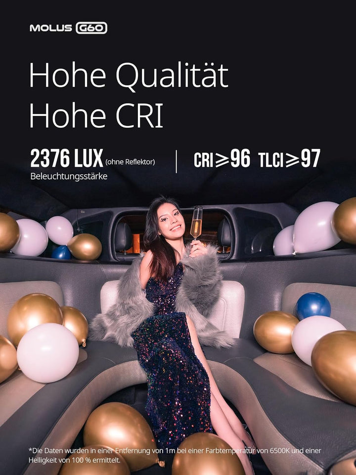 ZHIYUN Molus G60 [Official] Videoleuchte 60W, COB LED Videolicht Tragbar, Bi-Color Streaming Licht m