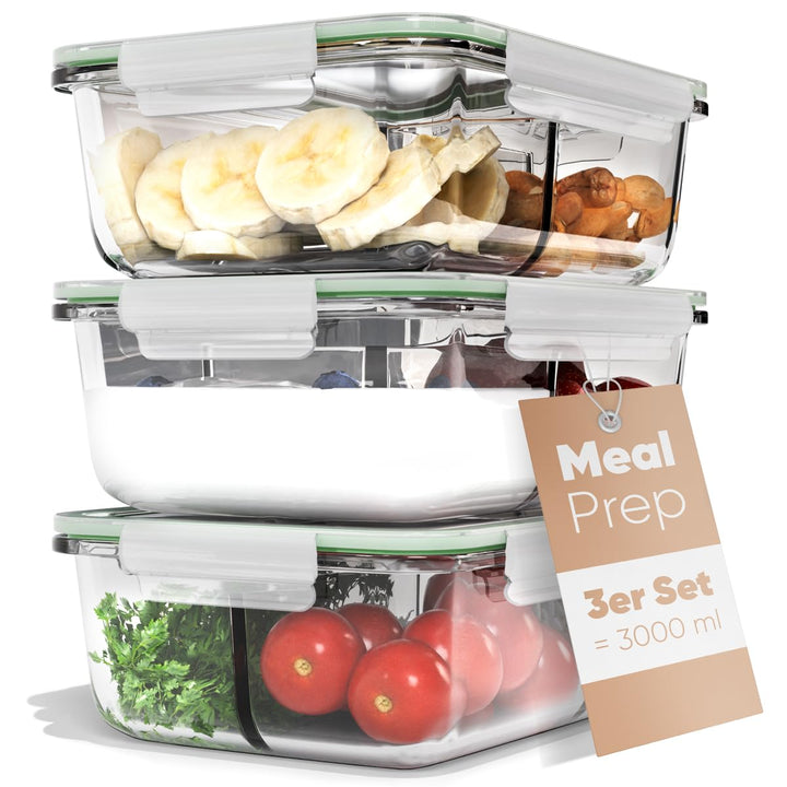 Meal Prep Boxen Glas mit Fächern | 3er Set | Glasbehälter mit Deckel | geeignet für Spülmaschine, Mi