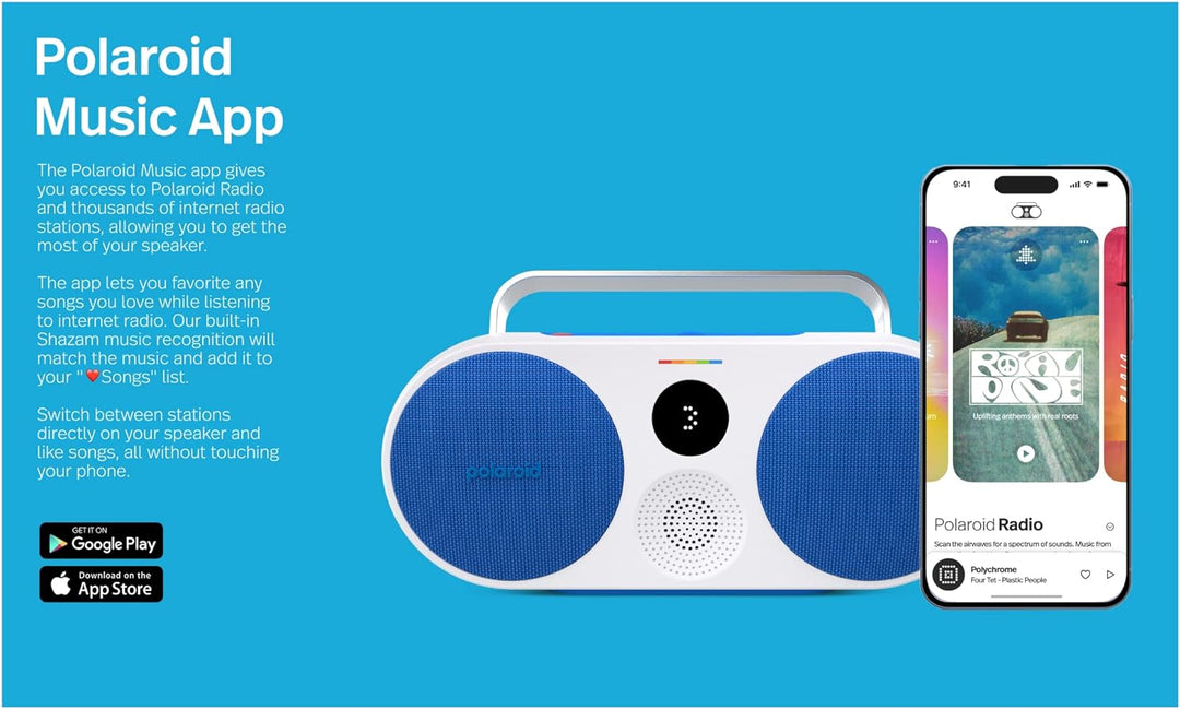 Polaroid P3 Music Player (Blue) - Retro-Futuristic Boombox Wireless Bluetooth Speaker Rechargeable w