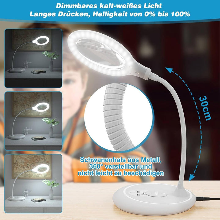 Lupe mit Licht 5-Fache, Dimmbare Lupenlampe mit Licht und Ständer für senioren gross Lupenleuchte, L