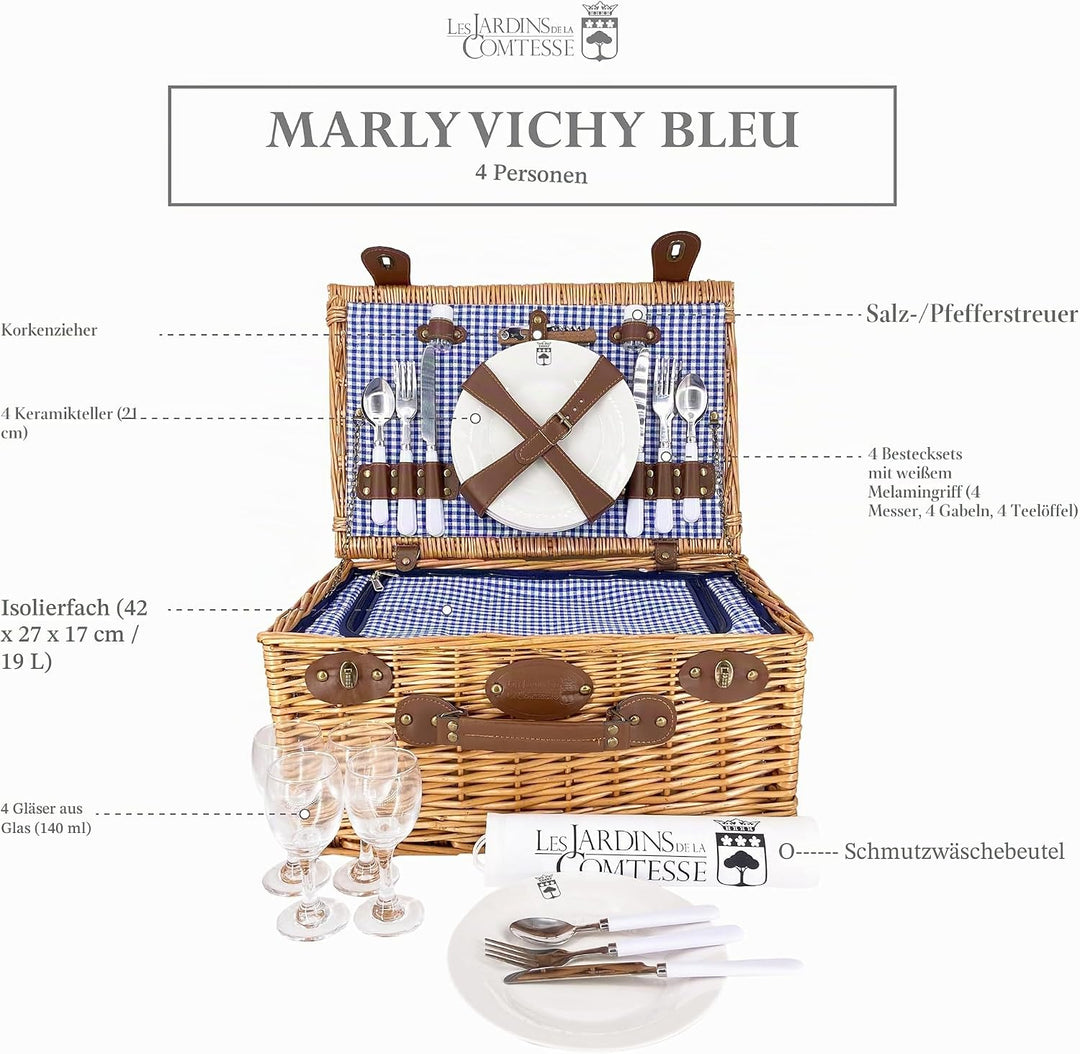 Les Jardins de la Comtesse – Korb Pique-Nique Marly – Vichy Stoff – komplett – 4 Personen – Kühlfach