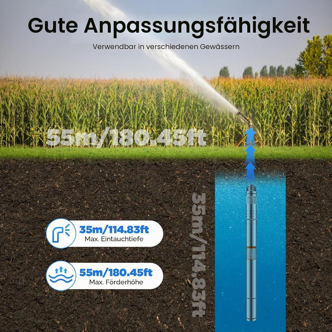 2 Zoll Tiefbrunnenpumpe 1000 L/H, 0.37KW Brunnenpumpe Tauchpumpe Mit Druckschalter Edelstahl Rohrpum