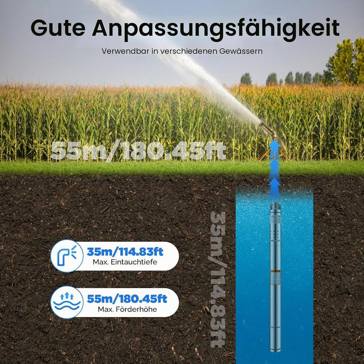 2 Zoll Tiefbrunnenpumpe 1000 L/H, 0.37KW Brunnenpumpe Tauchpumpe Mit Druckschalter Edelstahl Rohrpum