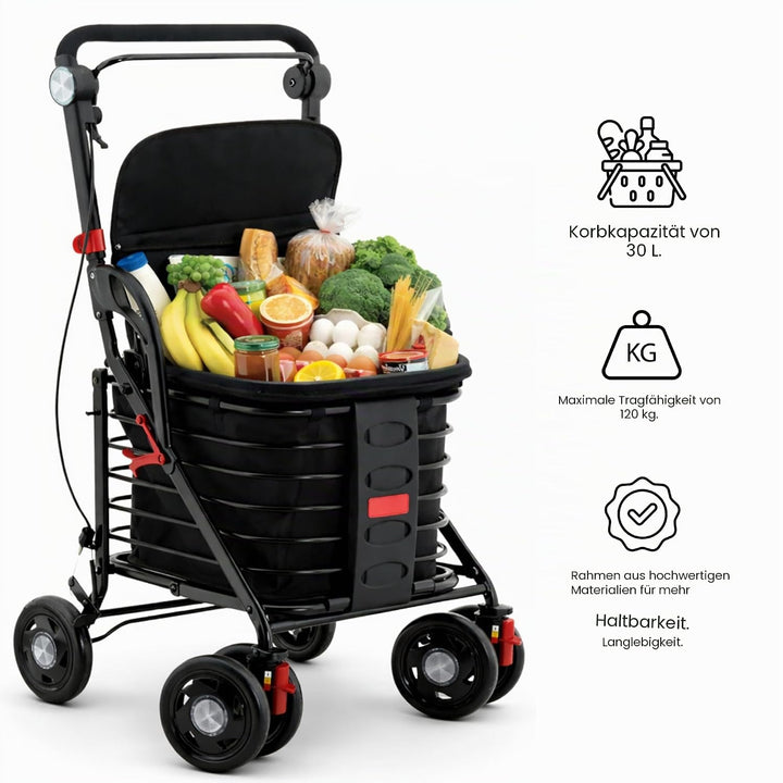 GARMOL Relax Einkaufstrolley mit gepolstertem Sitz, 30 l, faltbar, mit Handbremse und Sicherheit, Ve