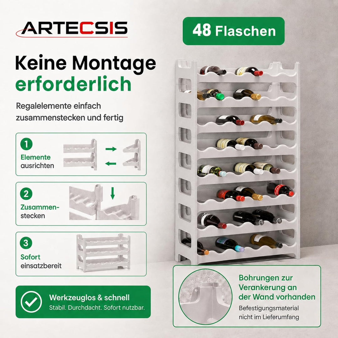 ARTECSIS® Weinregal stapelbar & modular erweiterbar Kunststoff für 48 Weinflaschen (granitgrau) - St