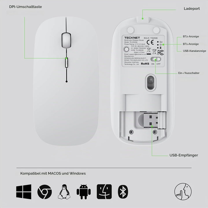 TECKNET Bluetooth Maus, Kabellose Maus mit 4800/3200/2400/1600/1200/800 einstellbare DPI, 2.4G USB F