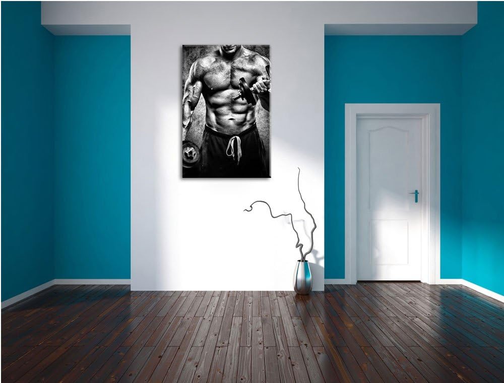 Pixxprint Starker Bodybuilder mit Hantel als Leinwandbild/Grösse: 100x70 / Wandbild/Kunstdruck/ferti