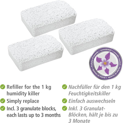 WENKO Nachfüllpack für Luftentfeuchter 3 x 1 kg, Nachfüllpackung für Raumentfeuchter Weiss Lavendel,