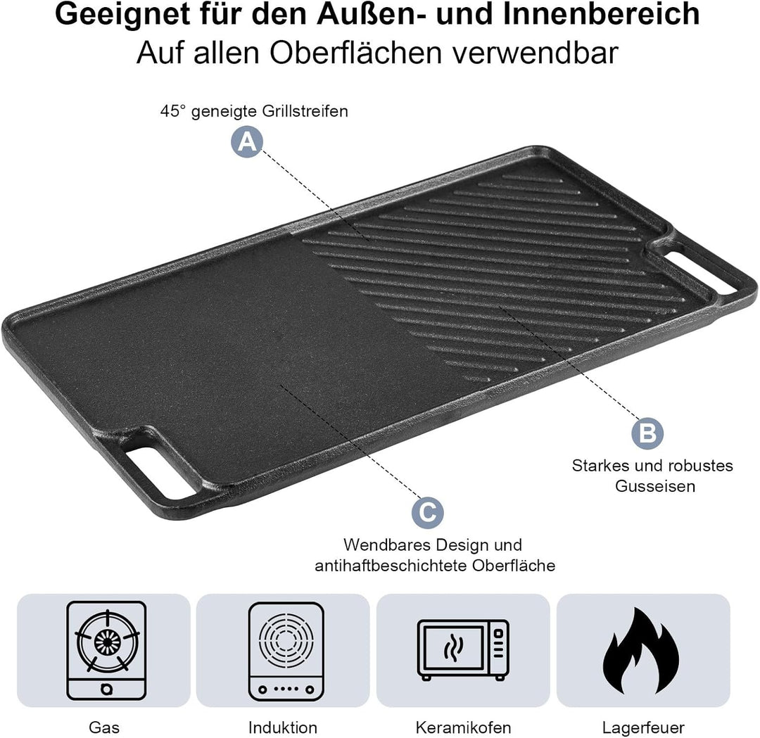 Gusseisen Grillpfanne Set 2-teilig, Vorgewürzte Grillplatte für BBQ