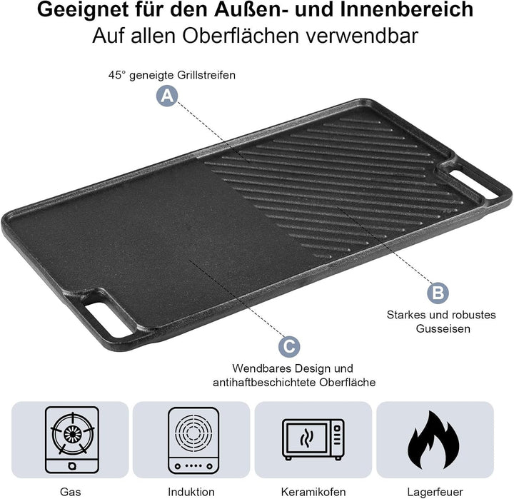 Gusseisen Grillpfanne Set 2-teilig, Vorgewürzte Grillplatte für BBQ