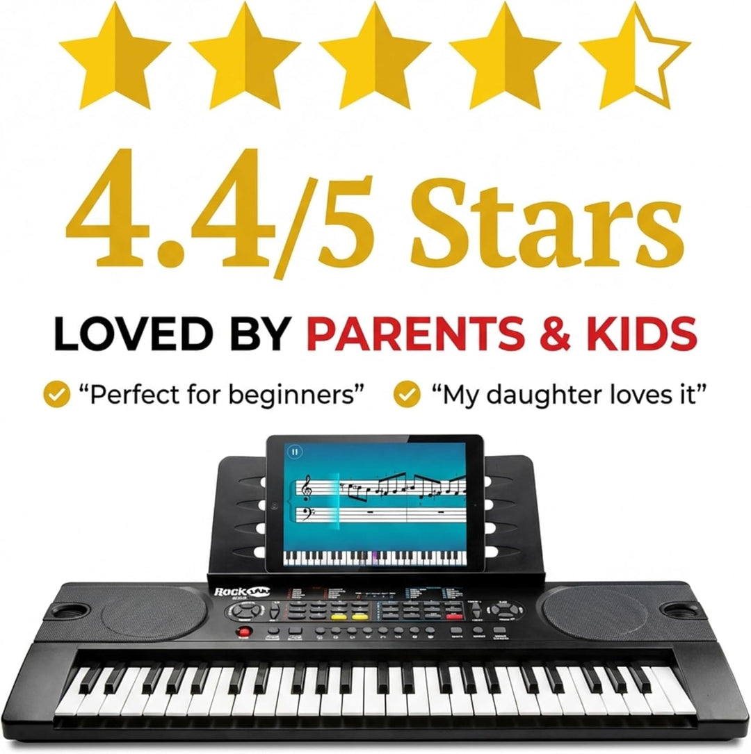 RockJam 49 Key Keyboard Piano with Power Supply, Sheet Music Stand, Piano Note Stickers & Simply Pia