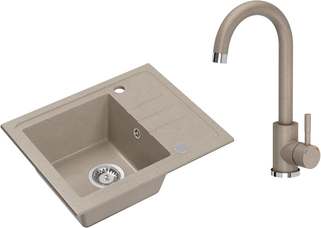VBChome Spülbecken Granit Beige mit Armatur 55 x 44 cm Einzelbecken Einbauspüle Gesprenkelt Reversib